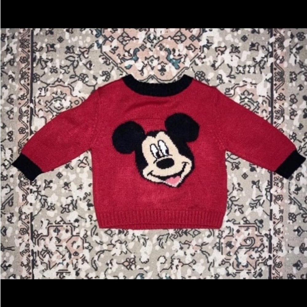 Vintage Baby Disney Mickey Mouse Big Face Knit Red & Black Sweater 18 Months new